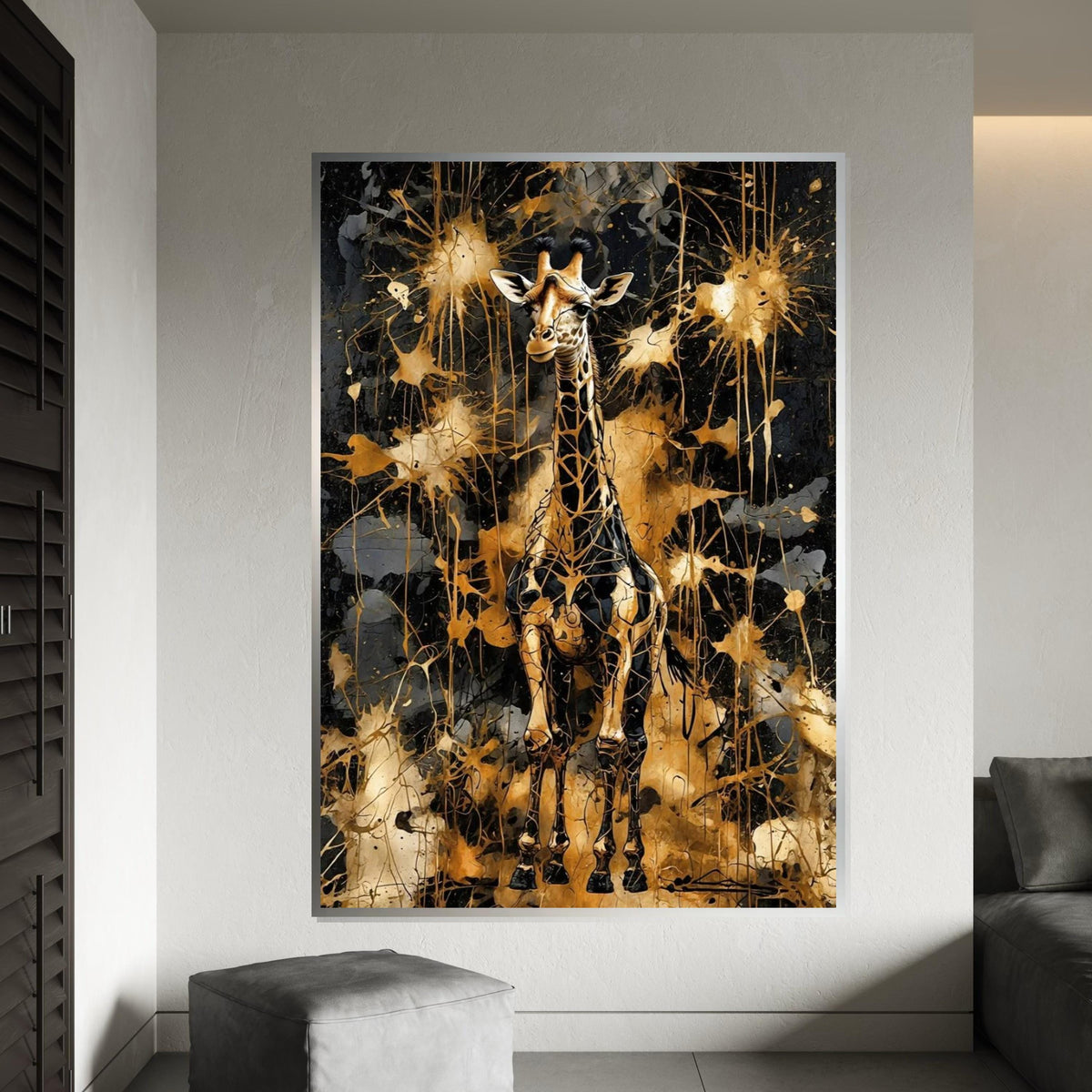 Golden Giraffe Canvas, Abstract Animal Wall Art, Giraffe Wall Print, Splatter Art Design, Decorative Canvas, Ready to Hang Home Decor