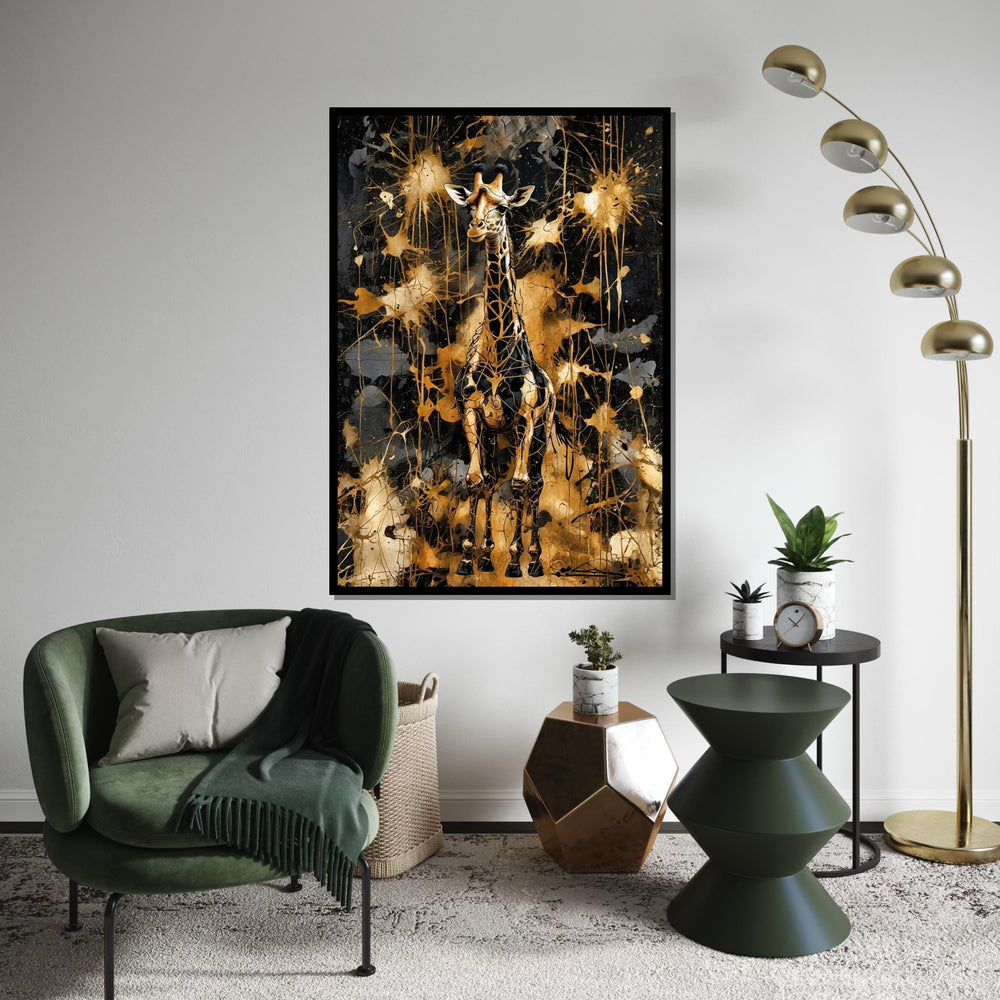 Golden Giraffe Canvas, Abstract Animal Wall Art, Giraffe Wall Print, Splatter Art Design, Decorative Canvas, Ready to Hang Home Decor