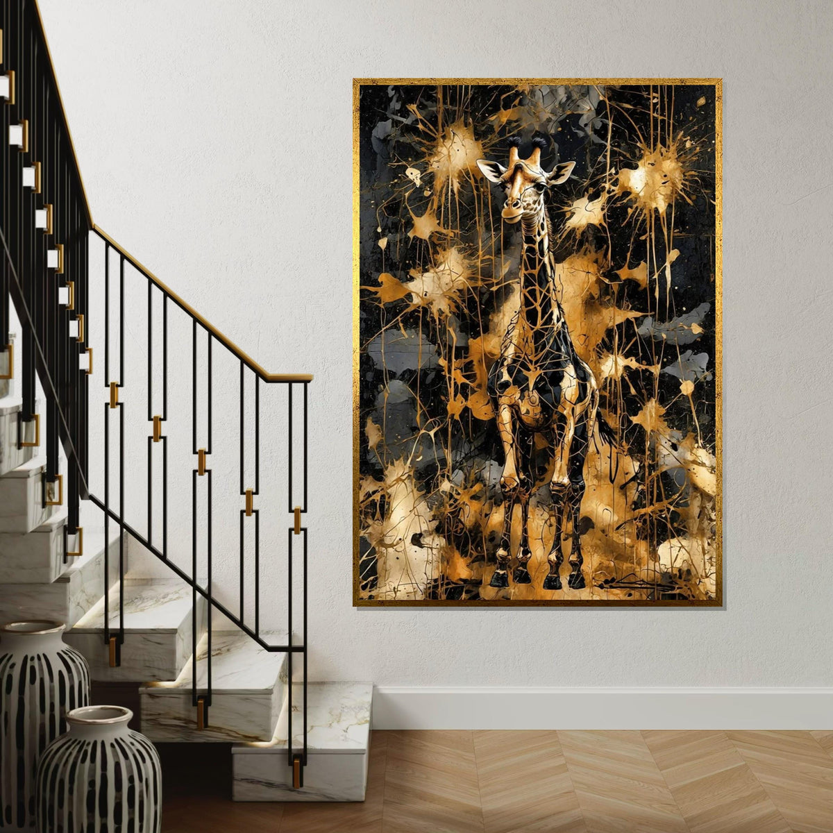 Golden Giraffe Canvas, Abstract Animal Wall Art, Giraffe Wall Print, Splatter Art Design, Decorative Canvas, Ready to Hang Home Decor