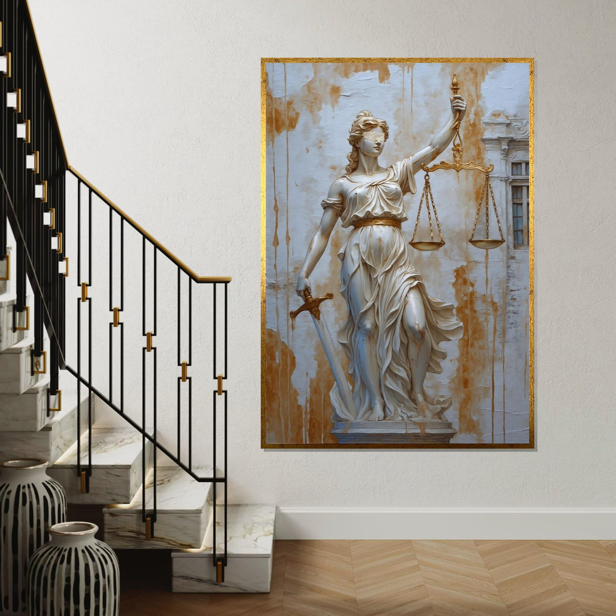 Lady Justice Canvas, Justice Statue Wall Art, Blindfold Scales Painting, Sword Holder Art, Wall Art Canvas Design, Ready to Hang Decor