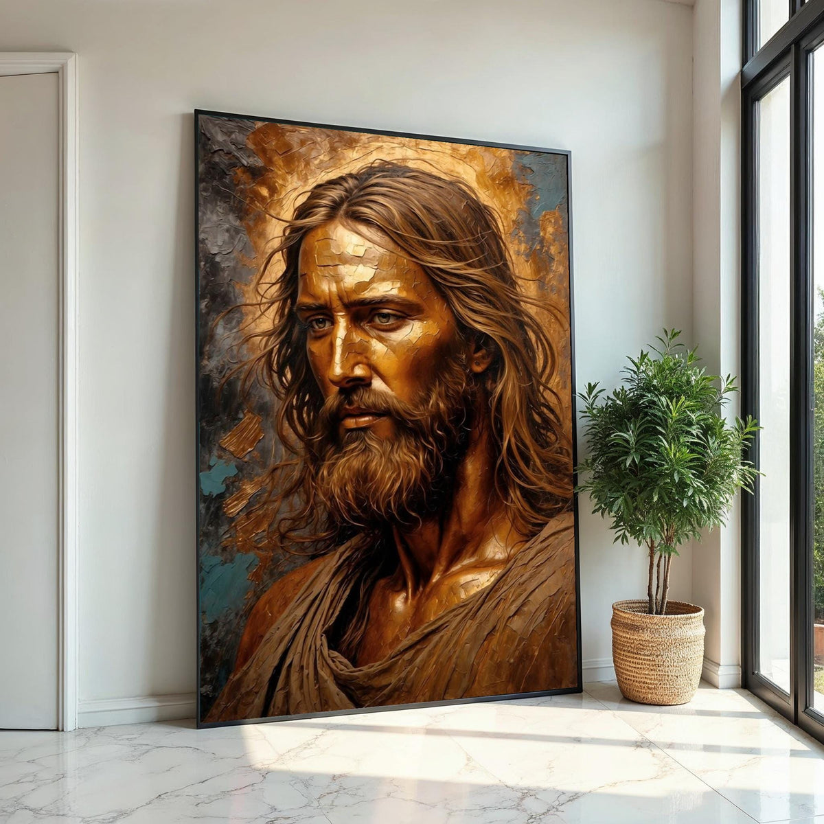 Golden Savior Canvas, Divine Portrait Art, Wall Art Canvas Design, Ready to Hang Home Decor, Sacred Art Print, Religious Wall Decor