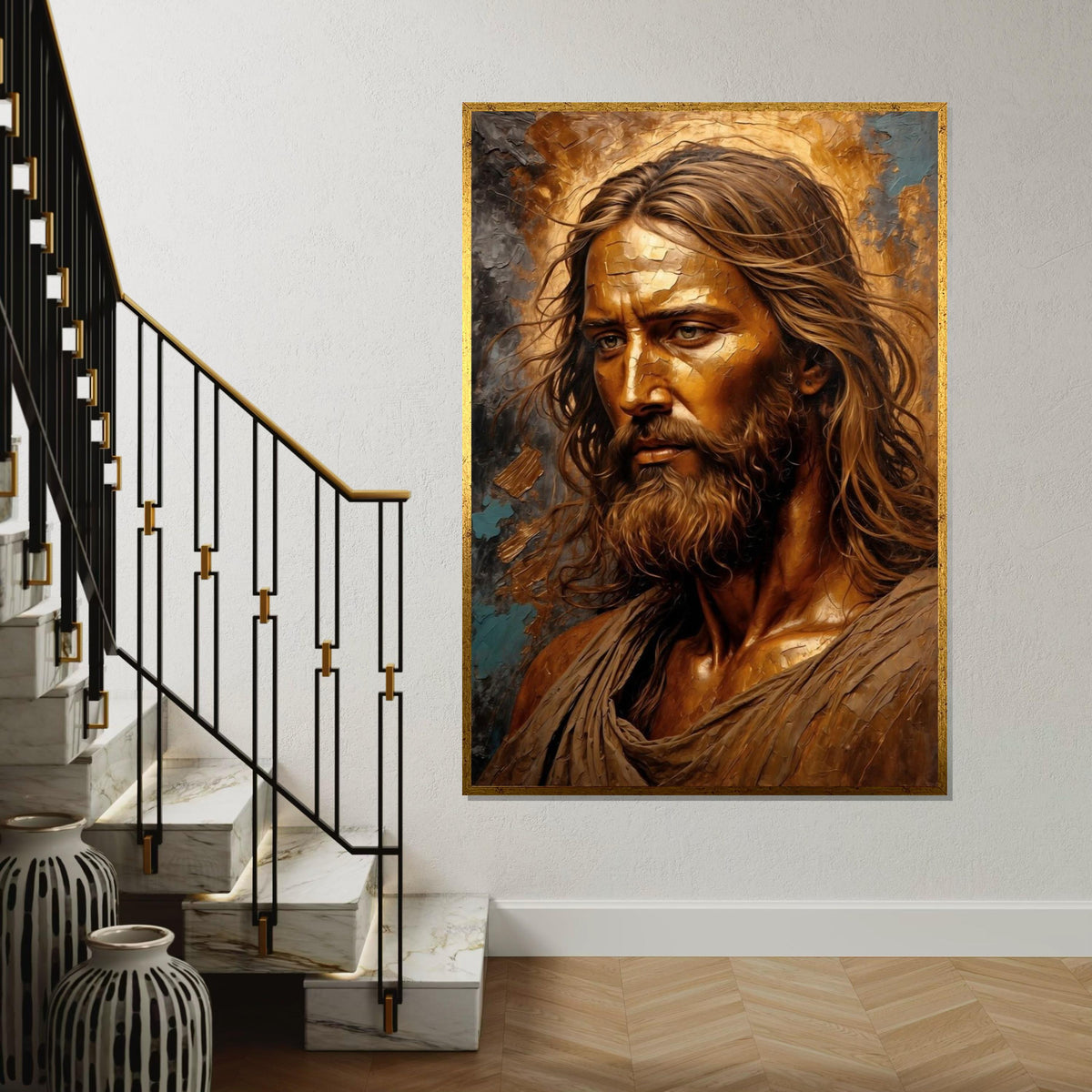 Golden Savior Canvas, Divine Portrait Art, Wall Art Canvas Design, Ready to Hang Home Decor, Sacred Art Print, Religious Wall Decor