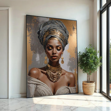 GoldAccented Portrait Canvas, Elegant Woman Wall Art, Cultural Beauty Print, Wall Art Canvas Design, Ready to Hang Decoration
