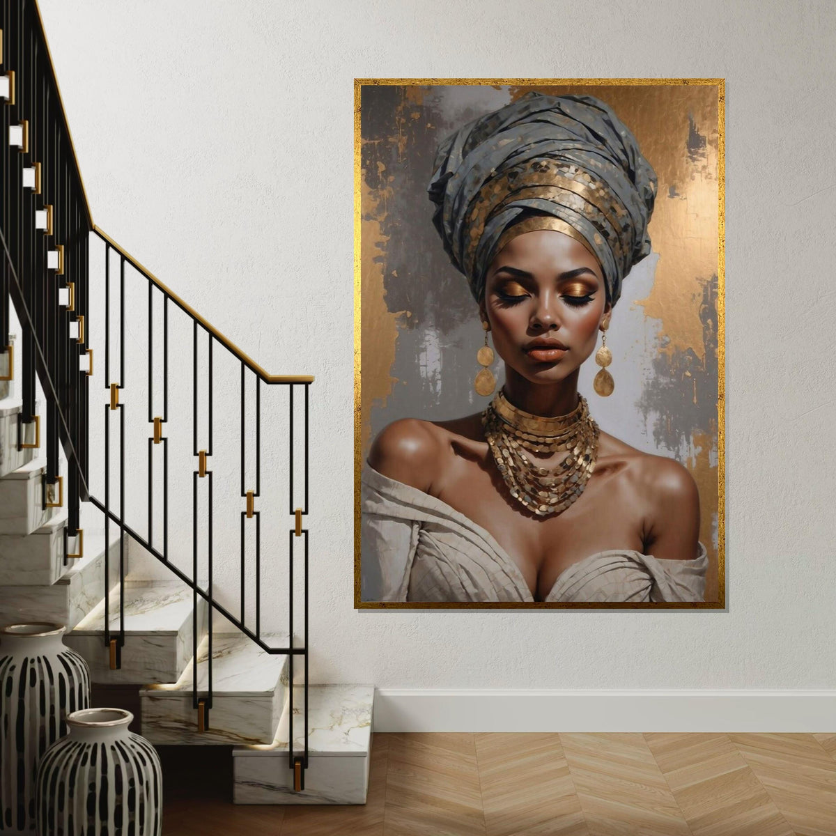 GoldAccented Portrait Canvas, Elegant Woman Wall Art, Cultural Beauty Print, Wall Art Canvas Design, Ready to Hang Decoration