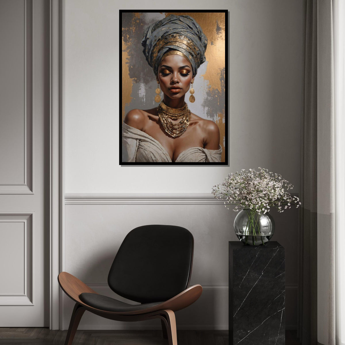 GoldAccented Portrait Canvas, Elegant Woman Wall Art, Cultural Beauty Print, Wall Art Canvas Design, Ready to Hang Decoration