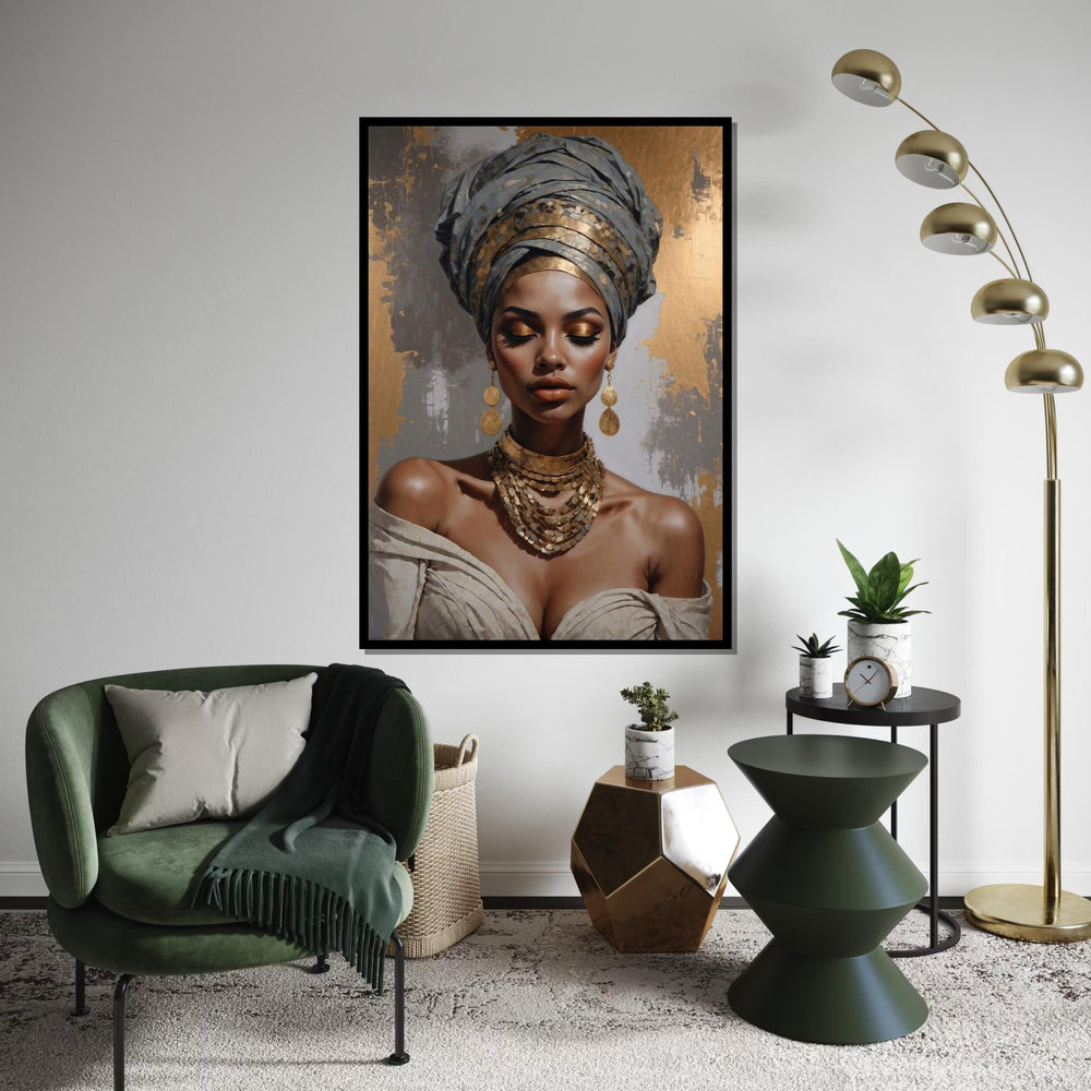 GoldAccented Portrait Canvas, Elegant Woman Wall Art, Cultural Beauty Print, Wall Art Canvas Design, Ready to Hang Decoration