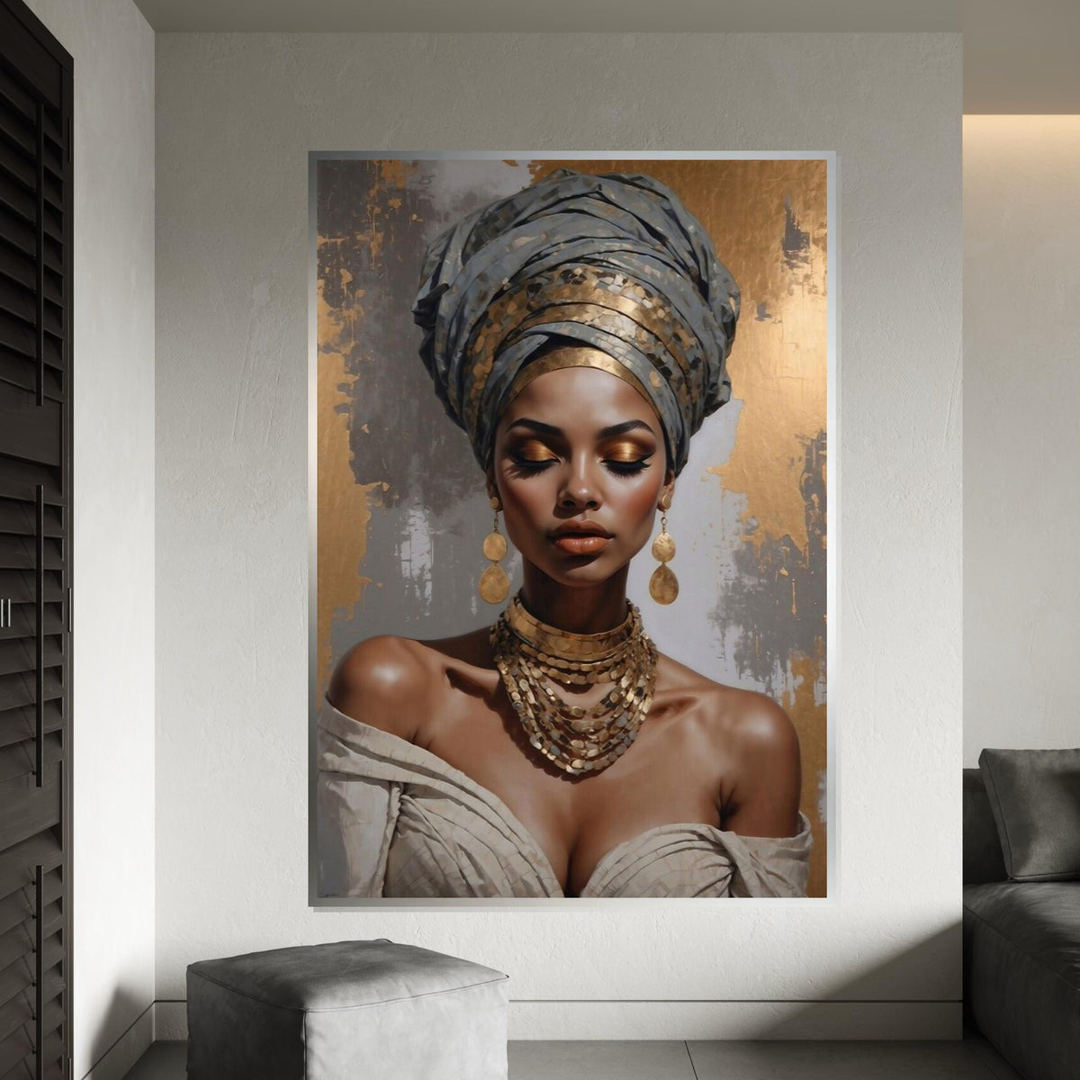 GoldAccented Portrait Canvas, Elegant Woman Wall Art, Cultural Beauty Print, Wall Art Canvas Design, Ready to Hang Decoration