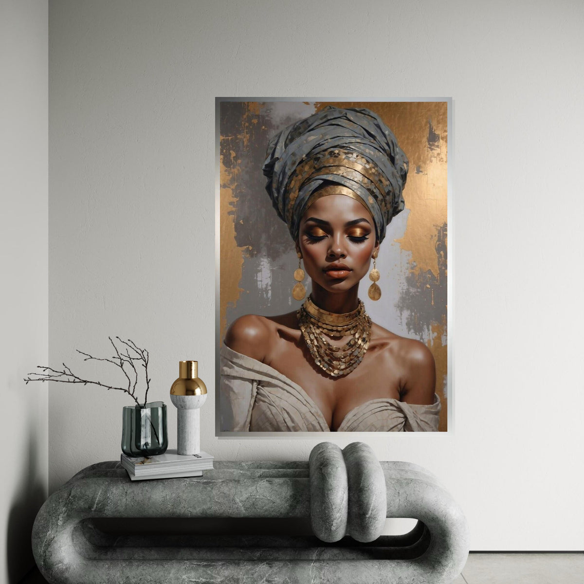GoldAccented Portrait Canvas, Elegant Woman Wall Art, Cultural Beauty Print, Wall Art Canvas Design, Ready to Hang Decoration
