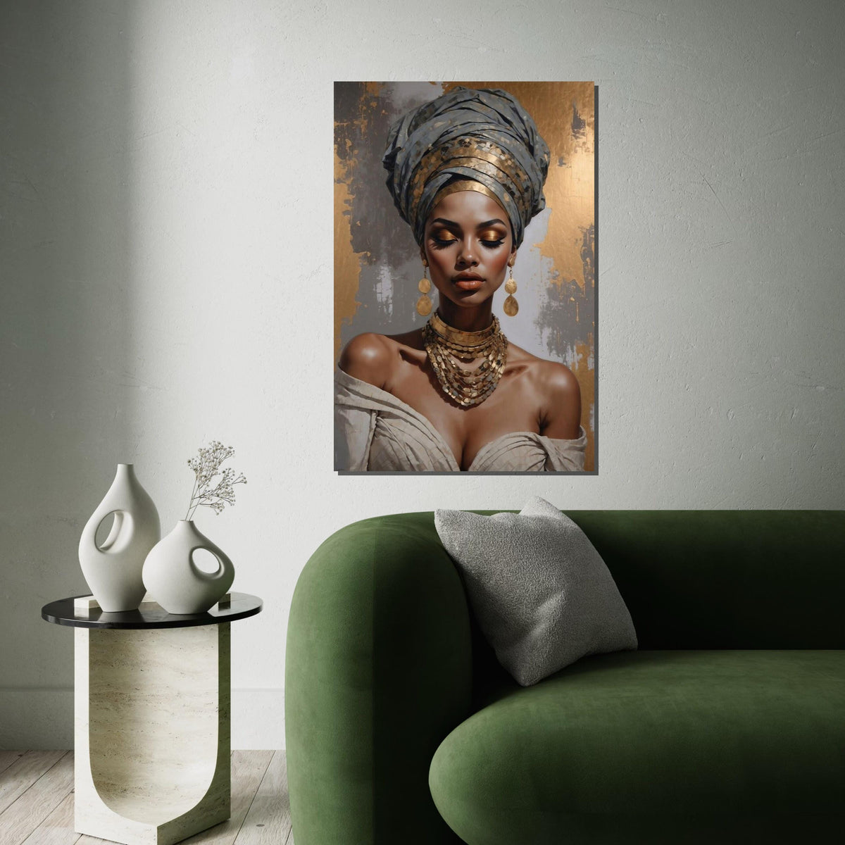 GoldAccented Portrait Canvas, Elegant Woman Wall Art, Cultural Beauty Print, Wall Art Canvas Design, Ready to Hang Decoration