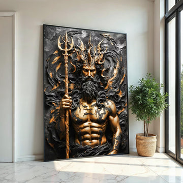 Majestic Poseidon Canvas, Ocean God Wall Art, Mythology Art Print, Trident Sculpture Design, Wall Art Canvas, Ready To Hang Decoration