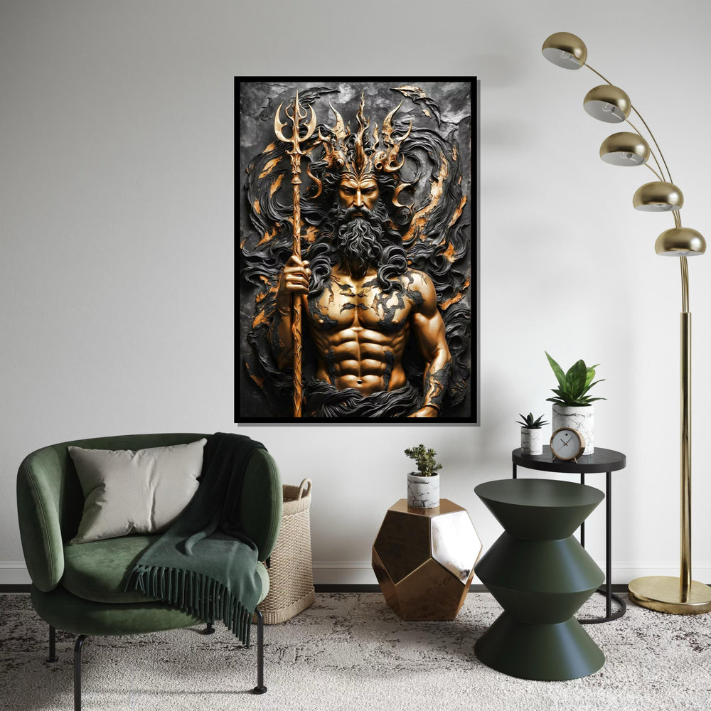 Majestic Poseidon Canvas, Ocean God Wall Art, Mythology Art Print, Trident Sculpture Design, Wall Art Canvas, Ready To Hang Decoration