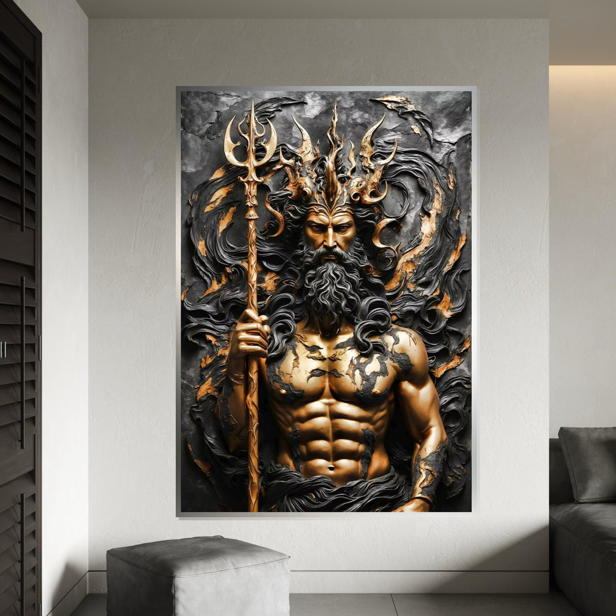Majestic Poseidon Canvas, Ocean God Wall Art, Mythology Art Print, Trident Sculpture Design, Wall Art Canvas, Ready To Hang Decoration