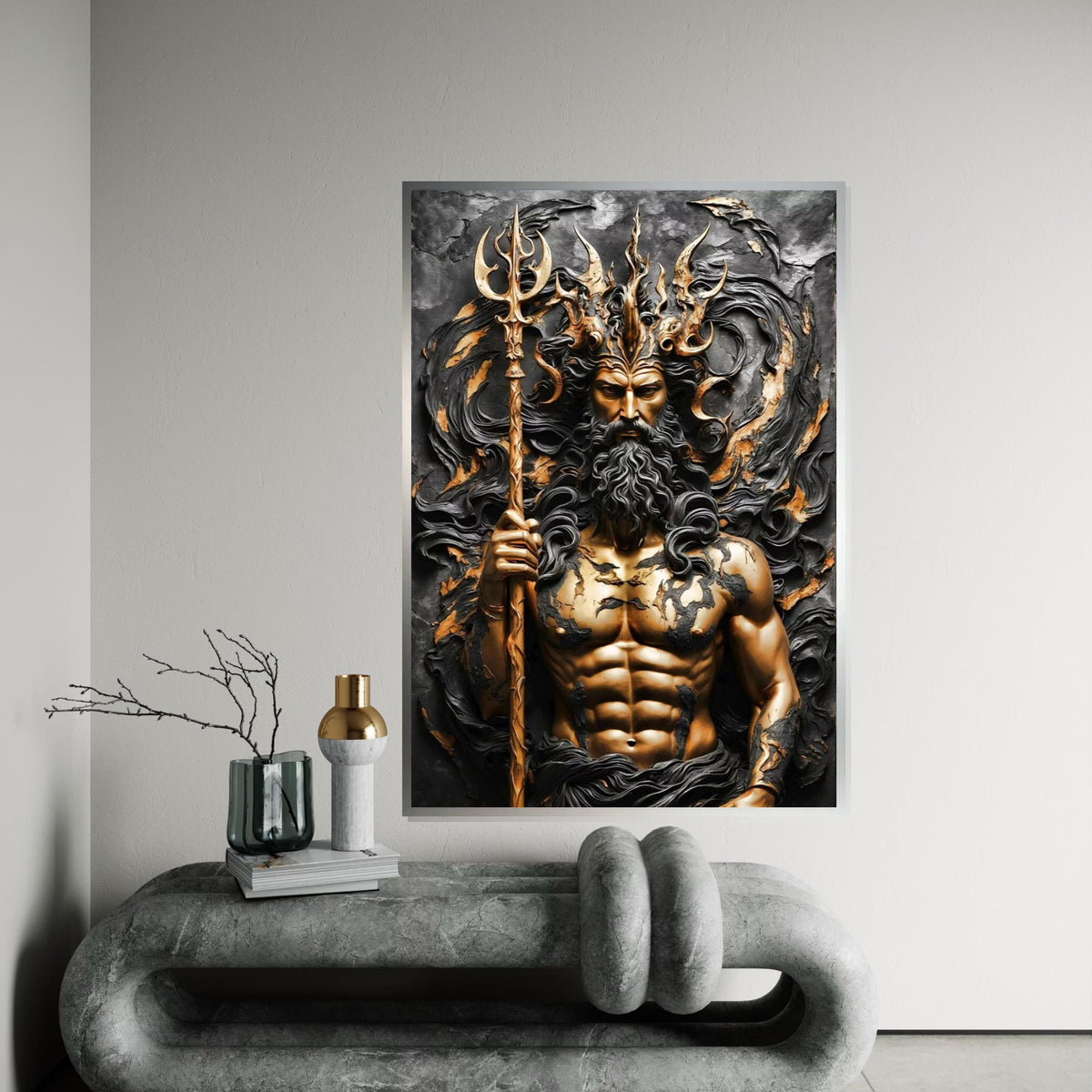 Majestic Poseidon Canvas, Ocean God Wall Art, Mythology Art Print, Trident Sculpture Design, Wall Art Canvas, Ready To Hang Decoration