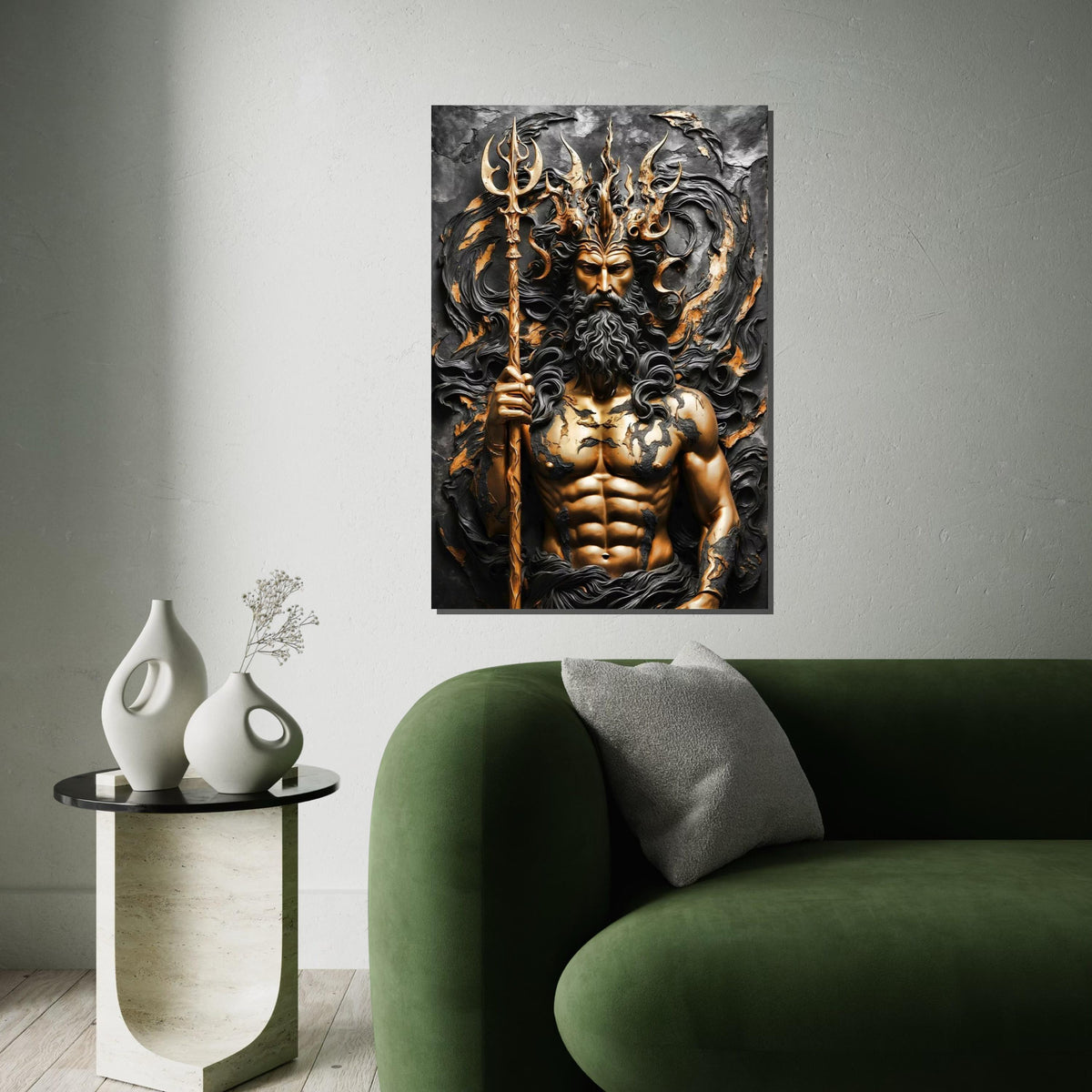 Majestic Poseidon Canvas, Ocean God Wall Art, Mythology Art Print, Trident Sculpture Design, Wall Art Canvas, Ready To Hang Decoration