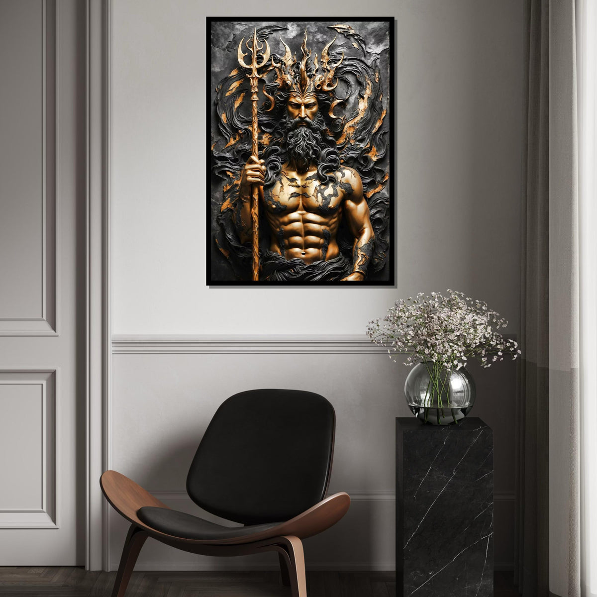 Majestic Poseidon Canvas, Ocean God Wall Art, Mythology Art Print, Trident Sculpture Design, Wall Art Canvas, Ready To Hang Decoration