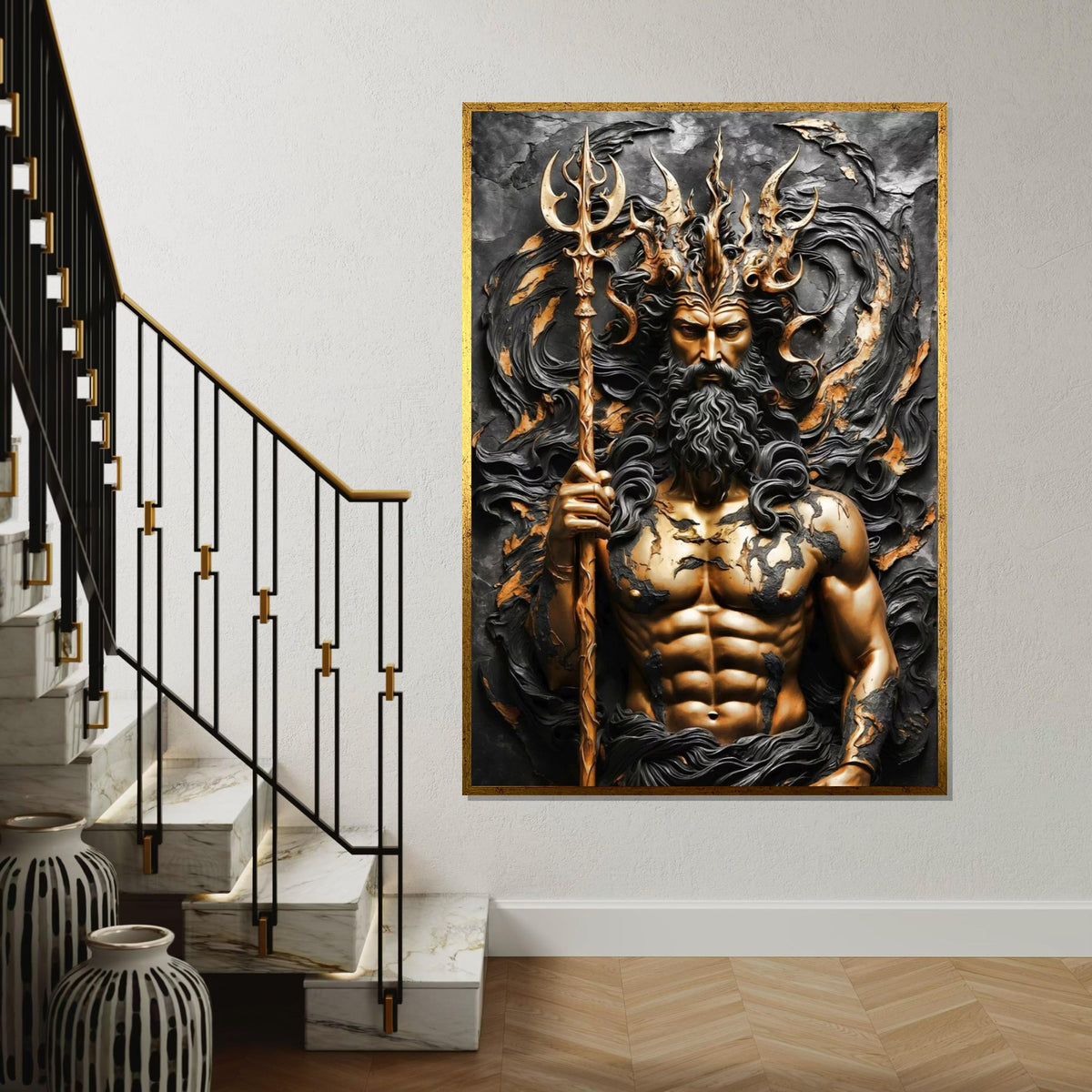 Majestic Poseidon Canvas, Ocean God Wall Art, Mythology Art Print, Trident Sculpture Design, Wall Art Canvas, Ready To Hang Decoration