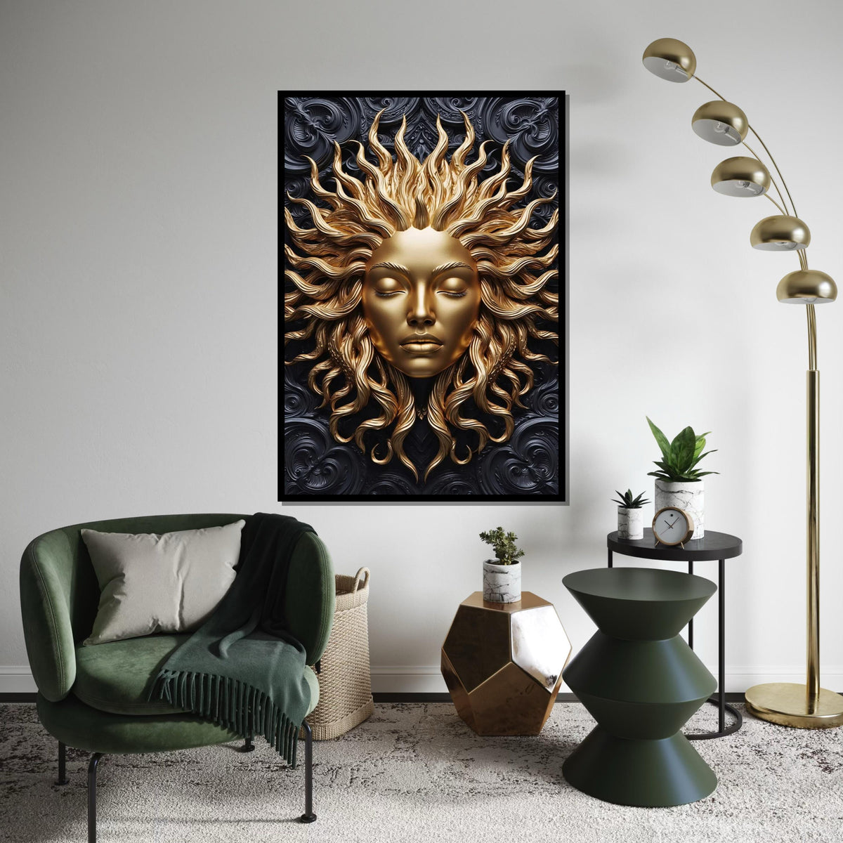 Golden Sun Goddess Canvas, Sun Face Art, Metallic Wall Art, Wall Art Canvas Design, Ready To Hang Home Decoration
