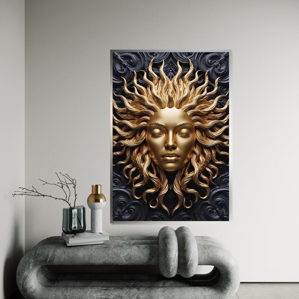 Golden Sun Goddess Canvas, Sun Face Art, Metallic Wall Art, Wall Art Canvas Design, Ready To Hang Home Decoration