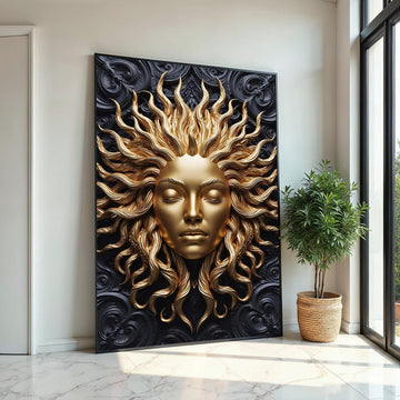 Golden Sun Goddess Canvas, Sun Face Art, Metallic Wall Art, Wall Art Canvas Design, Ready To Hang Home Decoration