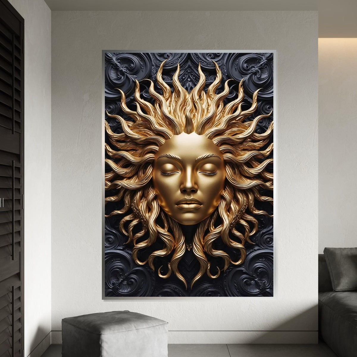 Golden Sun Goddess Canvas, Sun Face Art, Metallic Wall Art, Wall Art Canvas Design, Ready To Hang Home Decoration