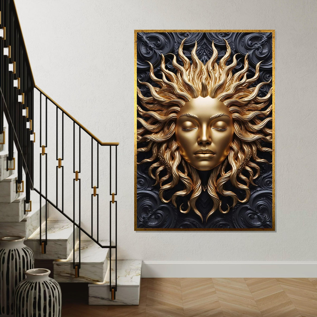 Golden Sun Goddess Canvas, Sun Face Art, Metallic Wall Art, Wall Art Canvas Design, Ready To Hang Home Decoration