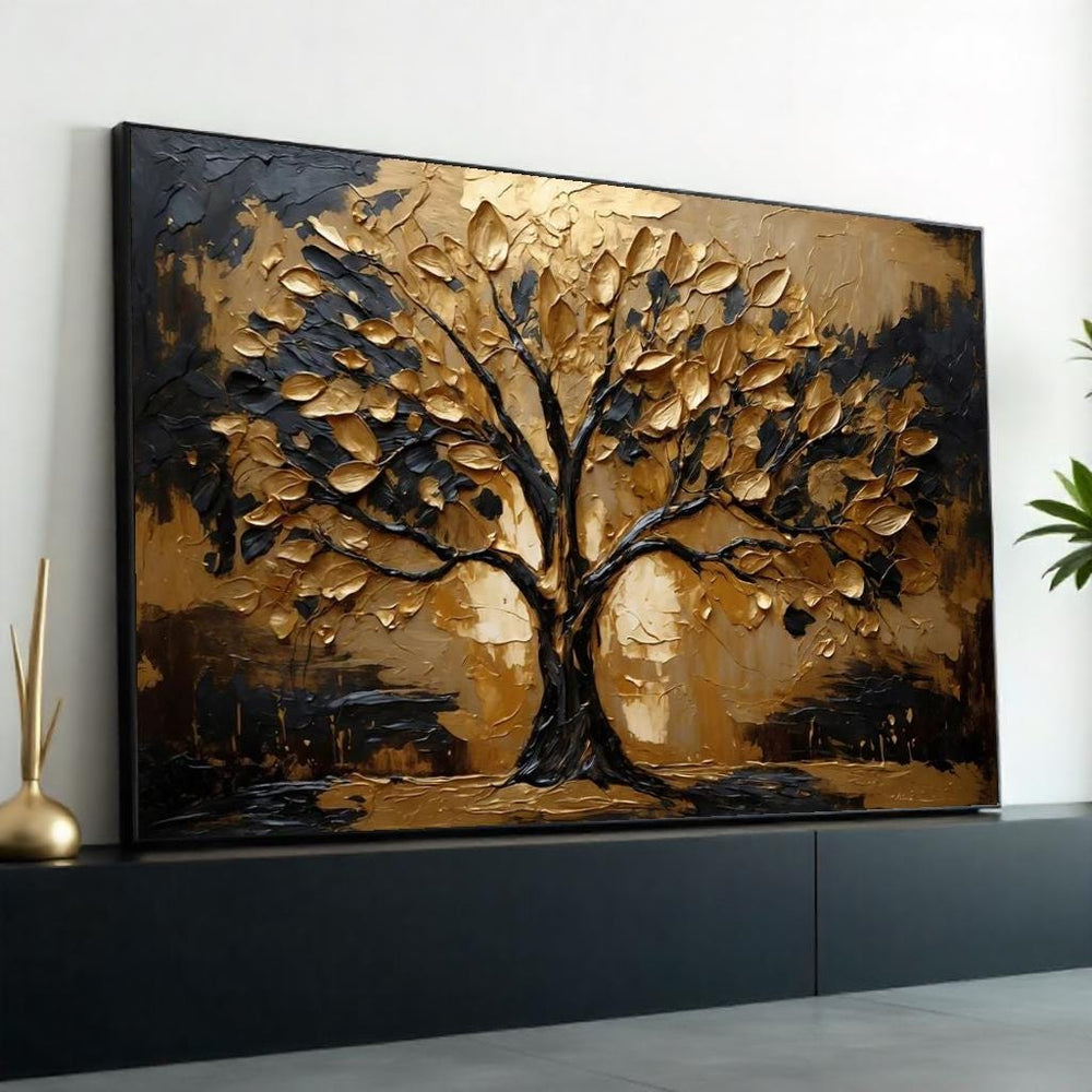 Golden Tree Canvas, Abstract Tree Wall Art, Metallic Leaves Art, Wall Art Canvas Design, Ready to Hang Decoration