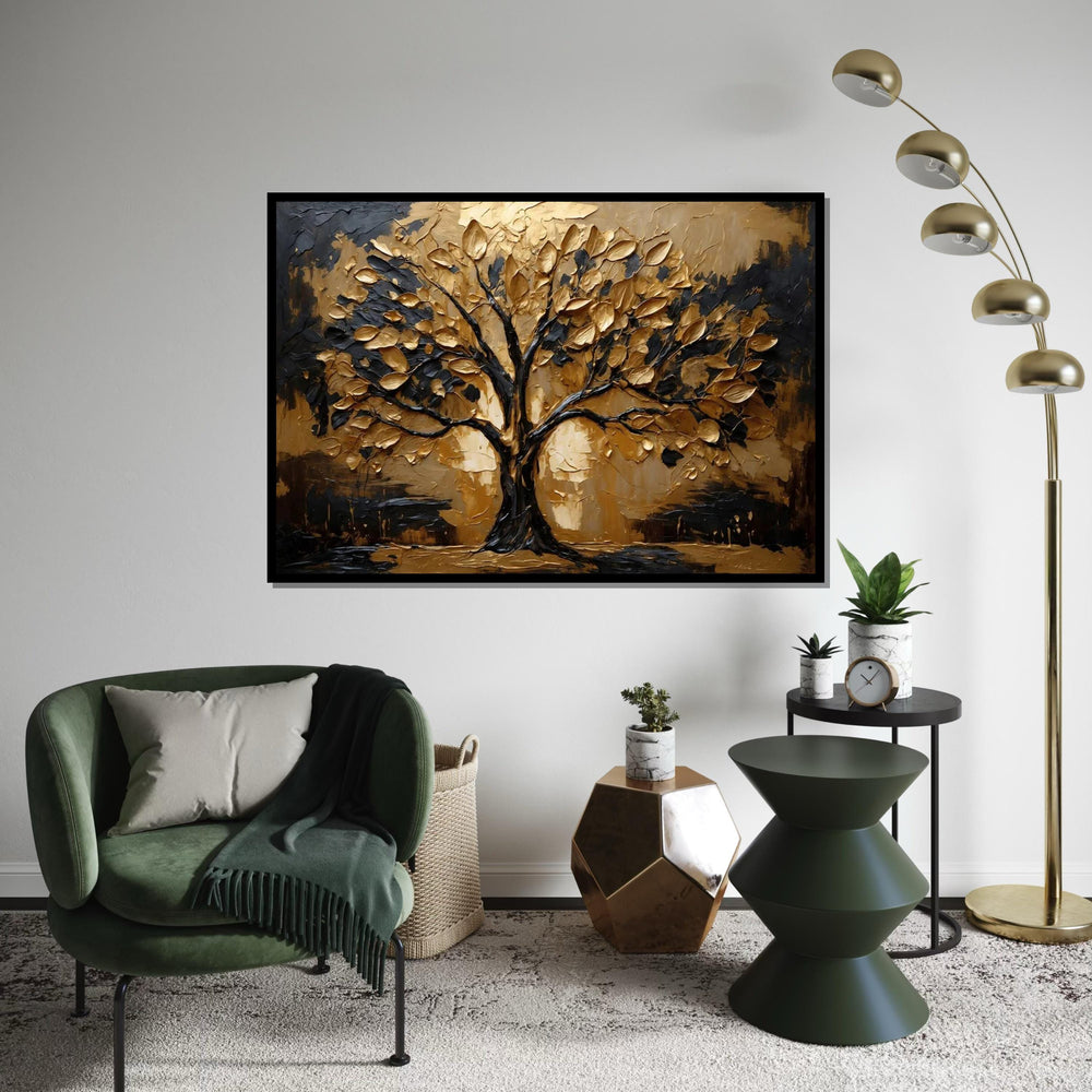 Golden Tree Canvas, Abstract Tree Wall Art, Metallic Leaves Art, Wall Art Canvas Design, Ready to Hang Decoration