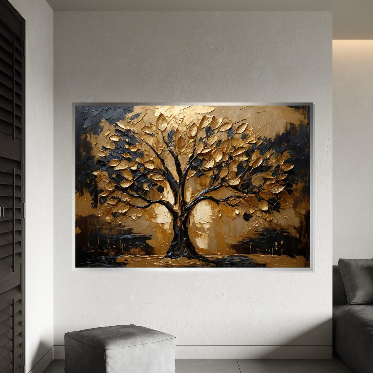 Golden Tree Canvas, Abstract Tree Wall Art, Metallic Leaves Art, Wall Art Canvas Design, Ready to Hang Decoration