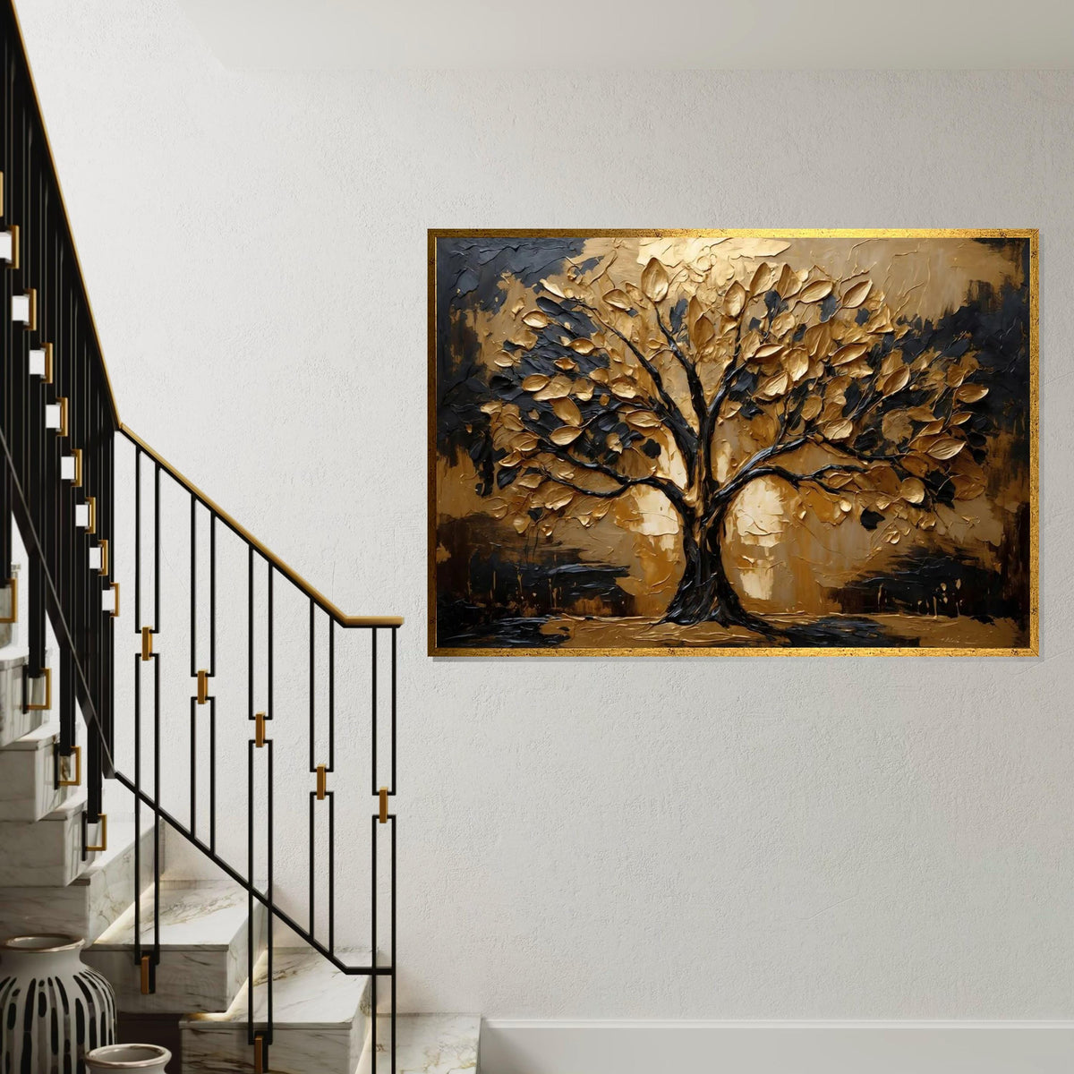 Golden Tree Canvas, Abstract Tree Wall Art, Metallic Leaves Art, Wall Art Canvas Design, Ready to Hang Decoration