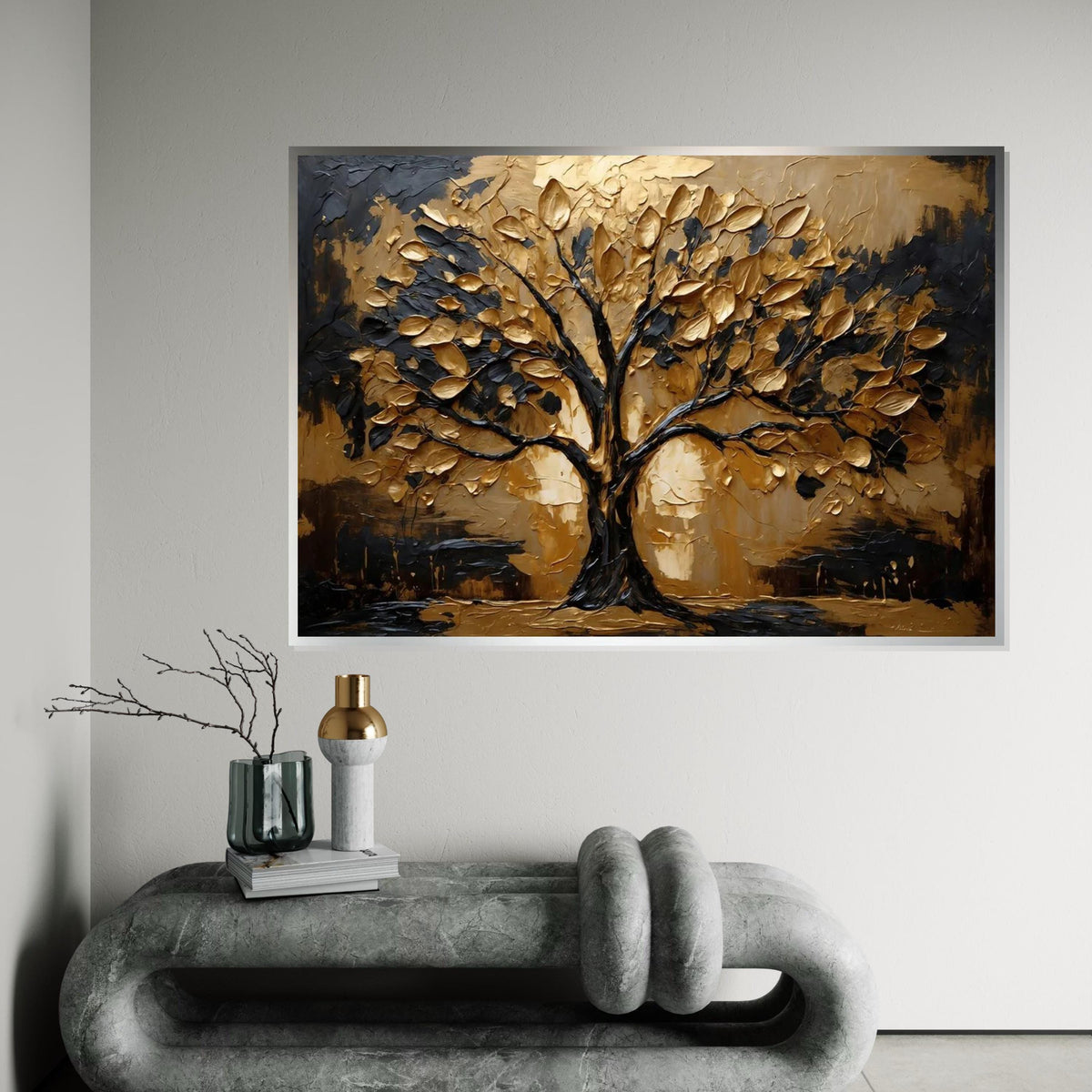 Golden Tree Canvas, Abstract Tree Wall Art, Metallic Leaves Art, Wall Art Canvas Design, Ready to Hang Decoration