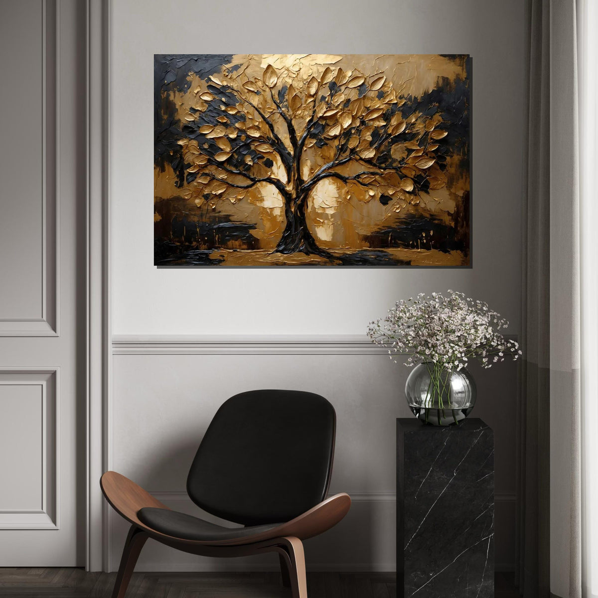Golden Tree Canvas, Abstract Tree Wall Art, Metallic Leaves Art, Wall Art Canvas Design, Ready to Hang Decoration