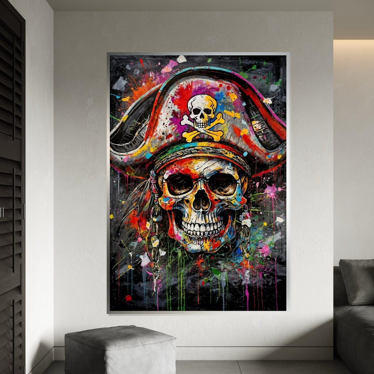 Colorful Pirate Skull Canvas, Skull Art Print, Pirate Wall Art, Vibrant Skull Poster, Wall Art Canvas Design, Ready to Hang Decoration