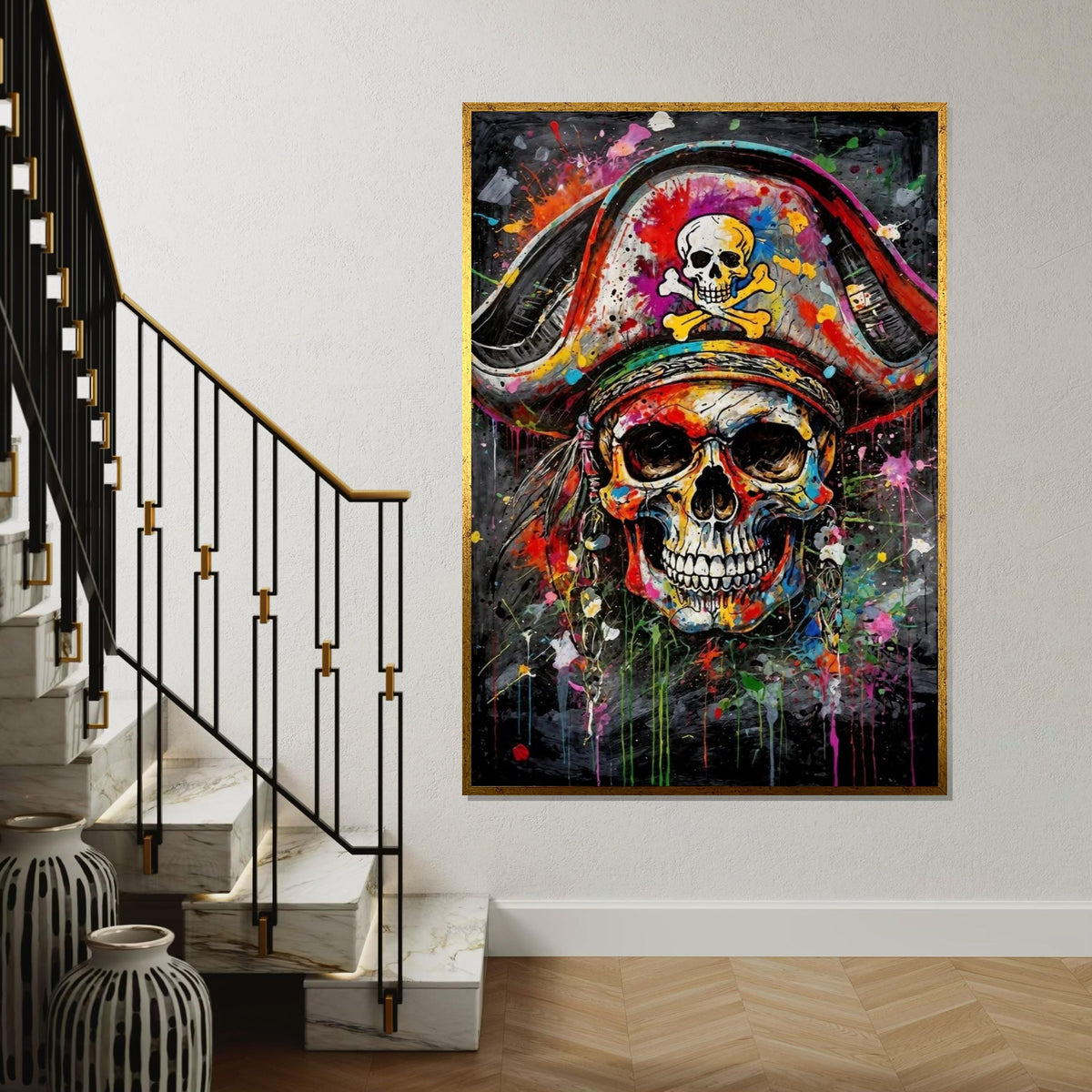 Colorful Pirate Skull Canvas, Skull Art Print, Pirate Wall Art, Vibrant Skull Poster, Wall Art Canvas Design, Ready to Hang Decoration