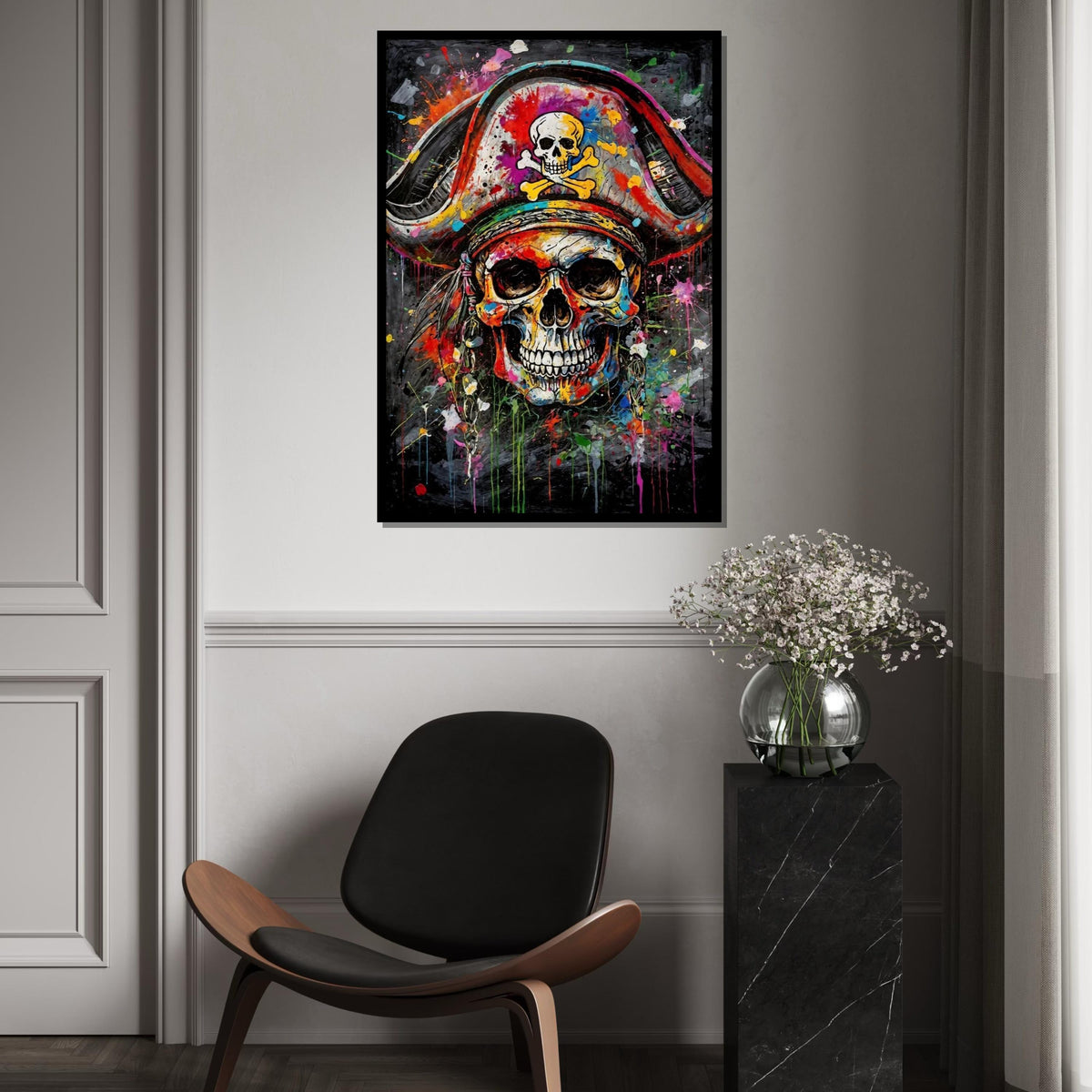 Colorful Pirate Skull Canvas, Skull Art Print, Pirate Wall Art, Vibrant Skull Poster, Wall Art Canvas Design, Ready to Hang Decoration