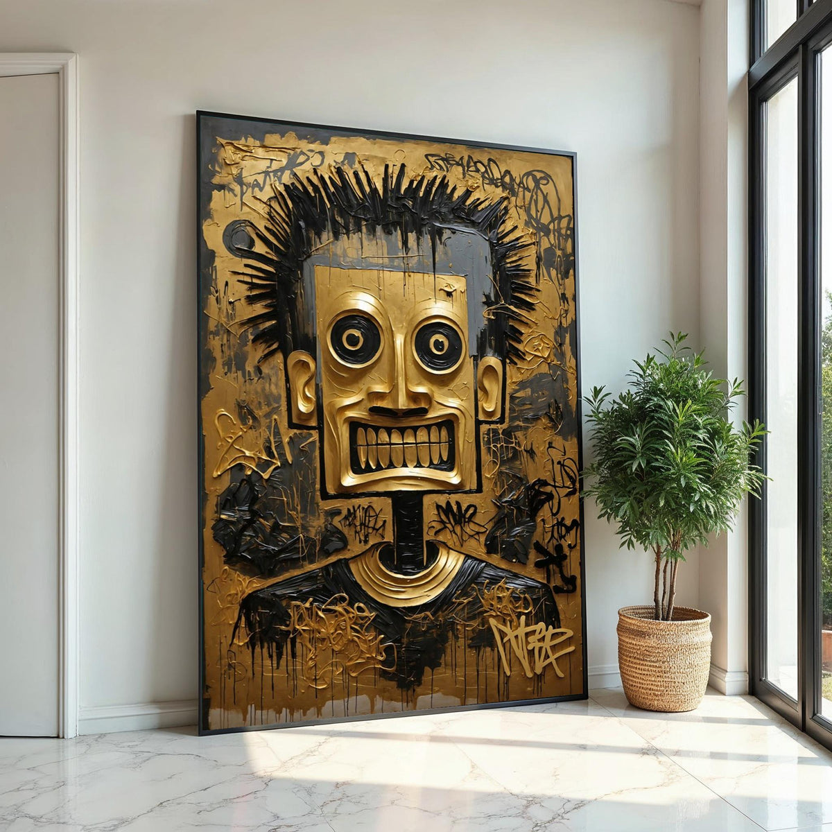 Tribal Mask Canvas, Abstract Gold Face Art, Graffiti Style Wall Decor, Modern Canvas Design, Ready To Hang Home Decoration