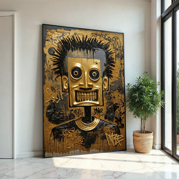 Tribal Mask Canvas, Abstract Gold Face Art, Graffiti Style Wall Decor, Modern Canvas Design, Ready To Hang Home Decoration
