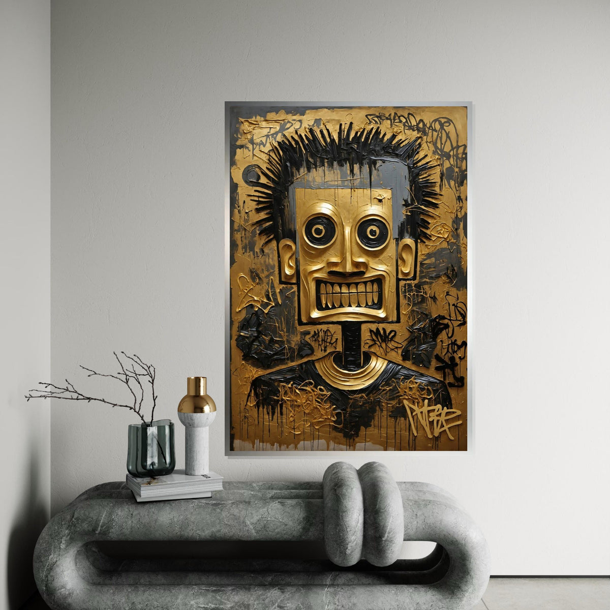 Tribal Mask Canvas, Abstract Gold Face Art, Graffiti Style Wall Decor, Modern Canvas Design, Ready To Hang Home Decoration