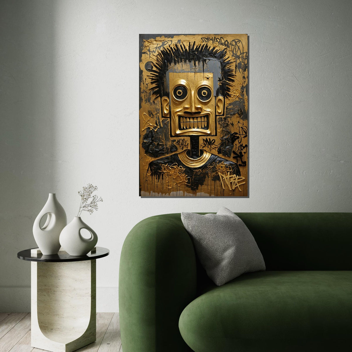 Tribal Mask Canvas, Abstract Gold Face Art, Graffiti Style Wall Decor, Modern Canvas Design, Ready To Hang Home Decoration