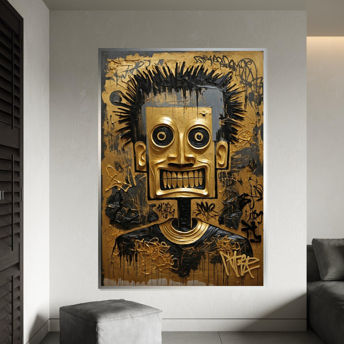 Tribal Mask Canvas, Abstract Gold Face Art, Graffiti Style Wall Decor, Modern Canvas Design, Ready To Hang Home Decoration