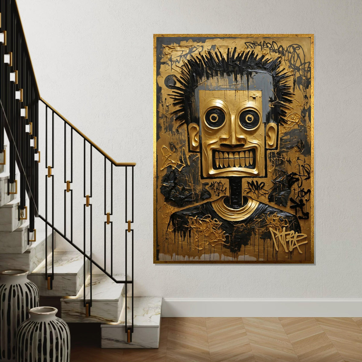 Tribal Mask Canvas, Abstract Gold Face Art, Graffiti Style Wall Decor, Modern Canvas Design, Ready To Hang Home Decoration