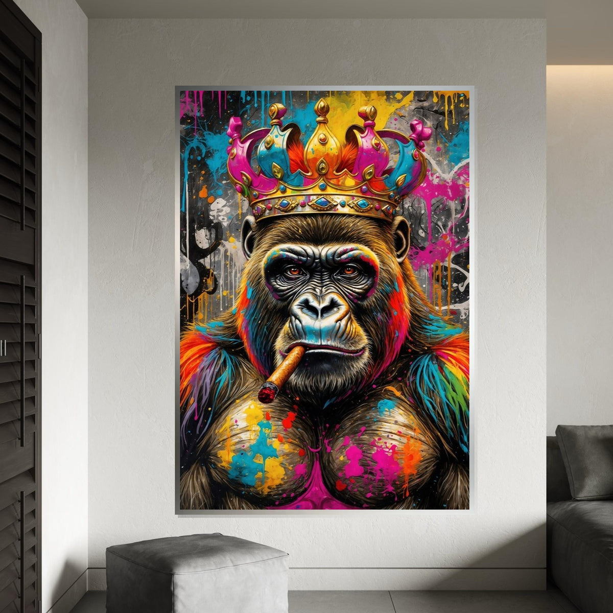 Vibrant King Gorilla, Regal Monkey Canvas, Multicolor Cigar Ape, Wall Art Canvas Design, Ready To Hang Decoration, Animal Canvas Art