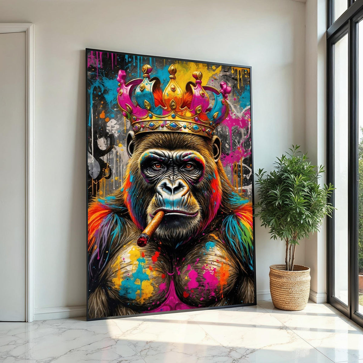 Vibrant King Gorilla, Regal Monkey Canvas, Multicolor Cigar Ape, Wall Art Canvas Design, Ready To Hang Decoration, Animal Canvas Art