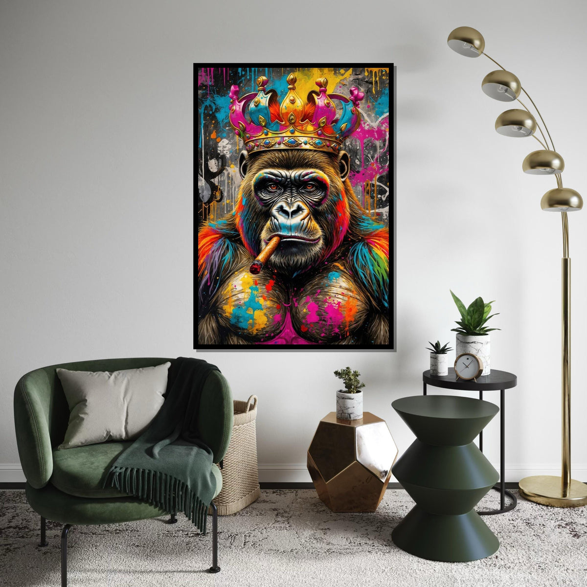 Vibrant King Gorilla, Regal Monkey Canvas, Multicolor Cigar Ape, Wall Art Canvas Design, Ready To Hang Decoration, Animal Canvas Art