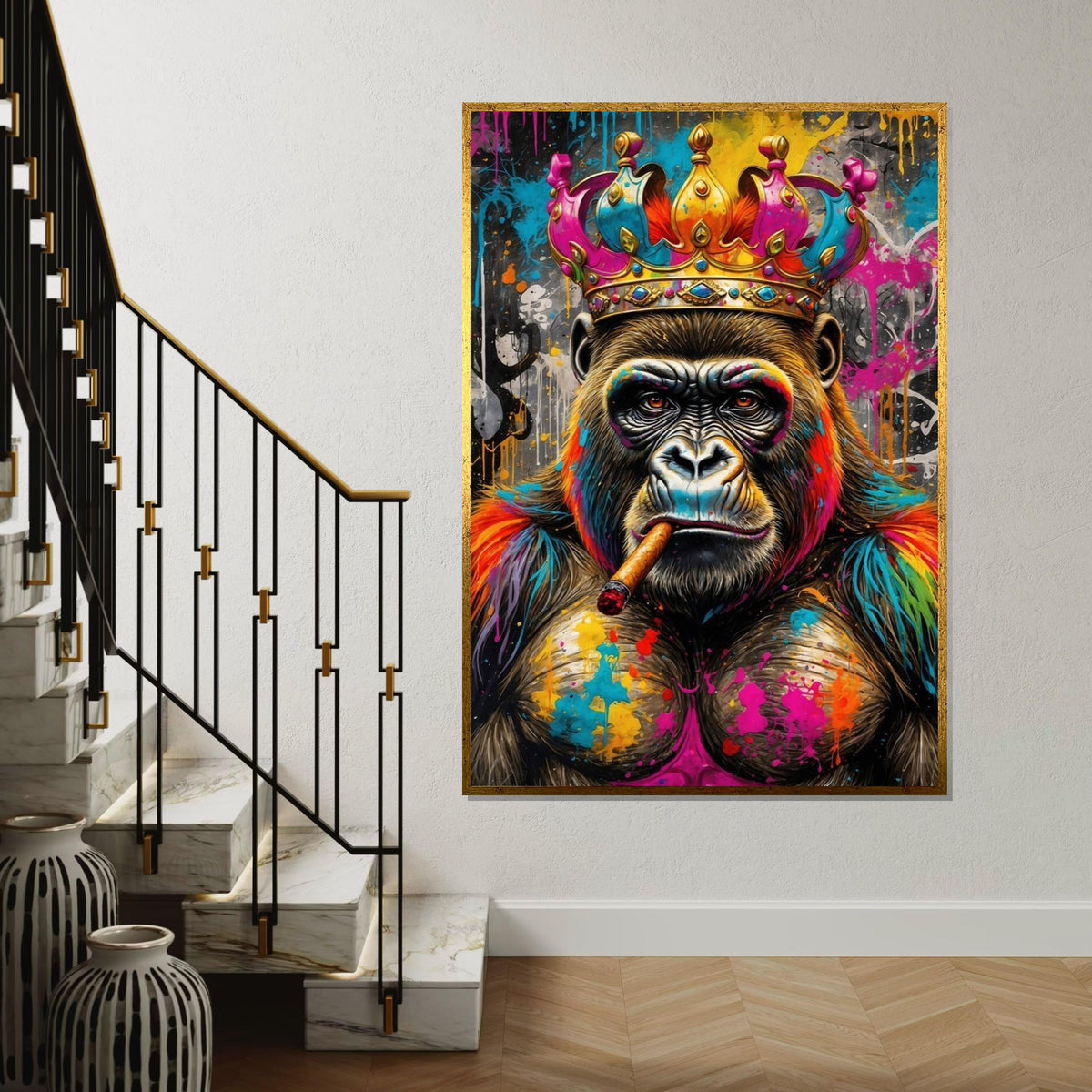 Vibrant King Gorilla, Regal Monkey Canvas, Multicolor Cigar Ape, Wall Art Canvas Design, Ready To Hang Decoration, Animal Canvas Art