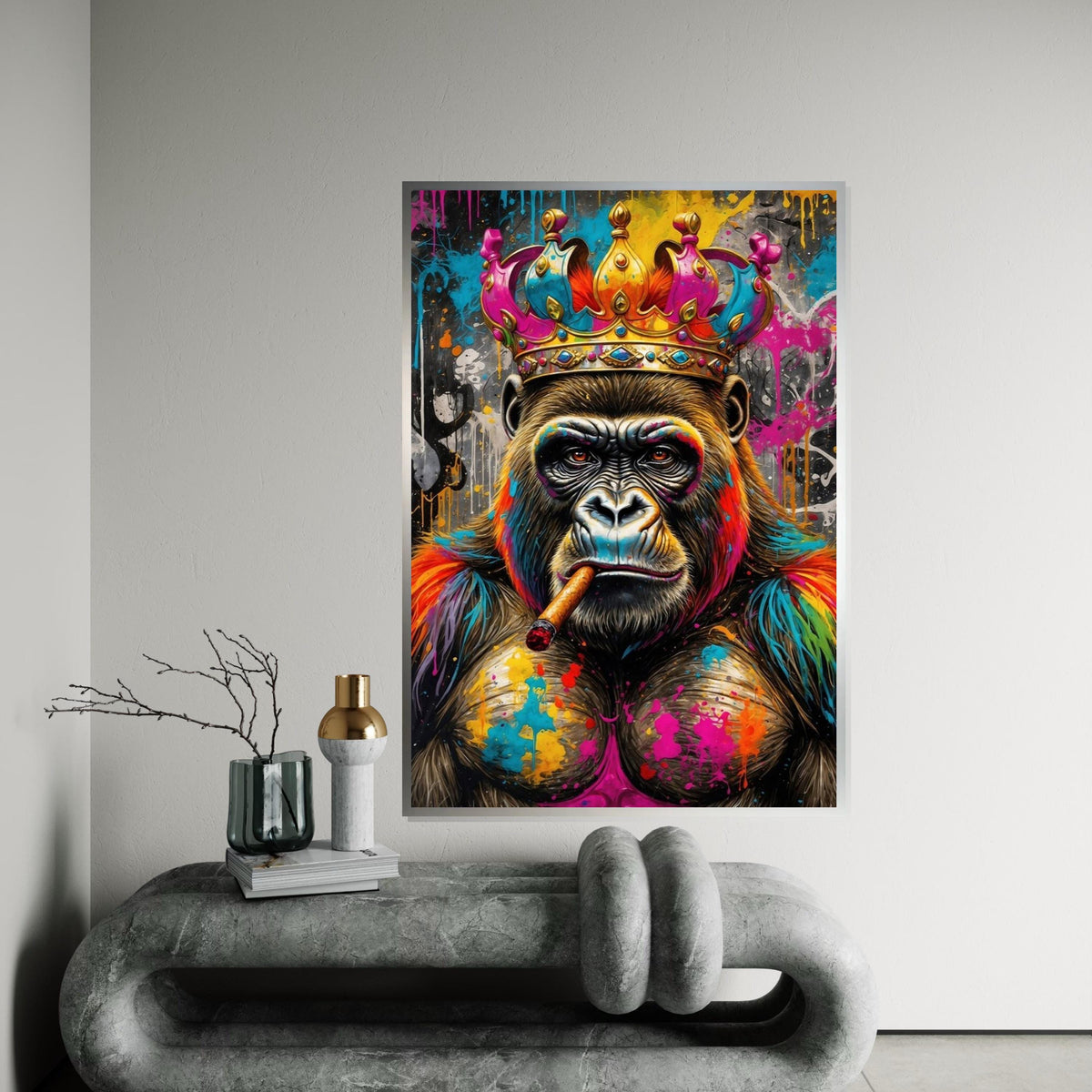Vibrant King Gorilla, Regal Monkey Canvas, Multicolor Cigar Ape, Wall Art Canvas Design, Ready To Hang Decoration, Animal Canvas Art