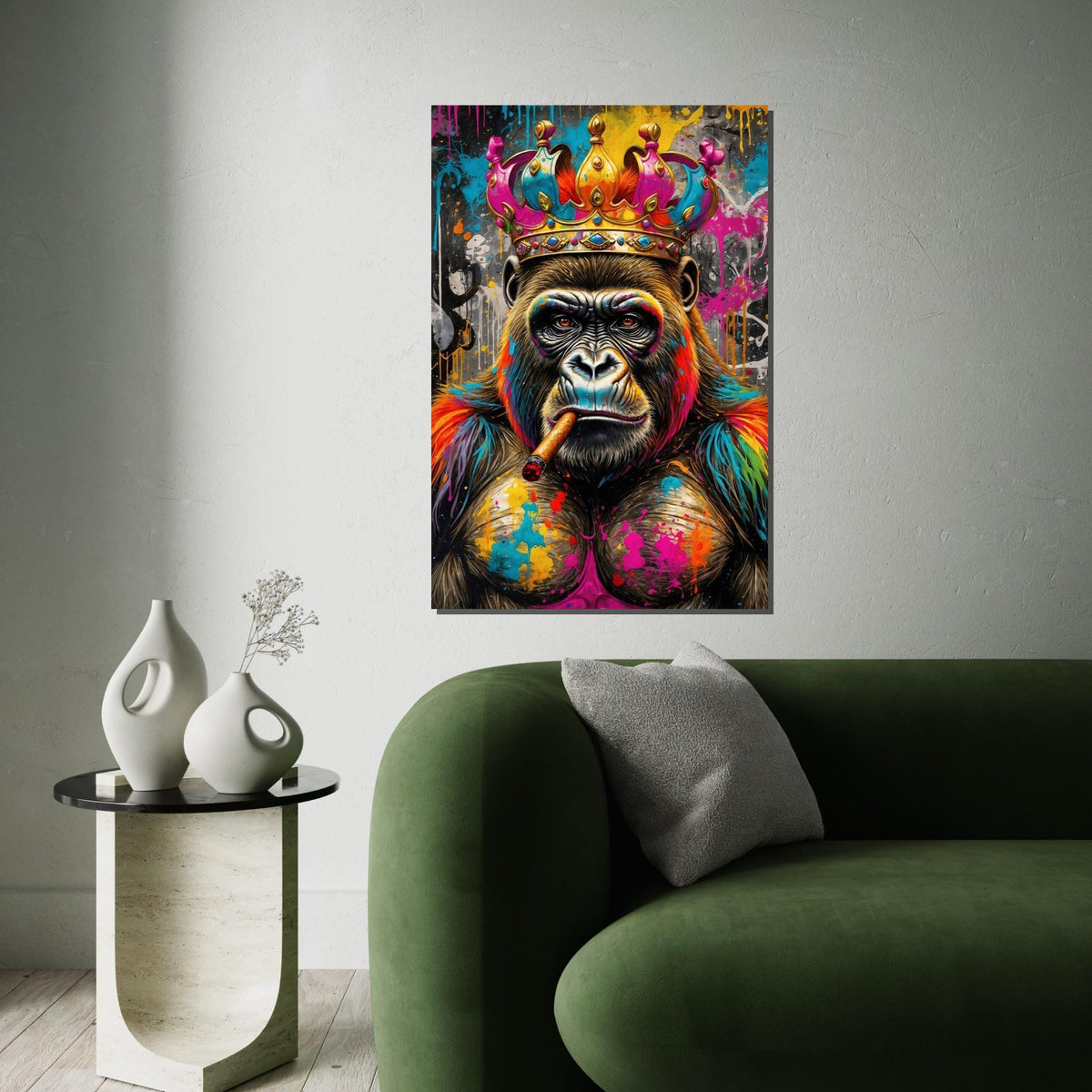 Vibrant King Gorilla, Regal Monkey Canvas, Multicolor Cigar Ape, Wall Art Canvas Design, Ready To Hang Decoration, Animal Canvas Art