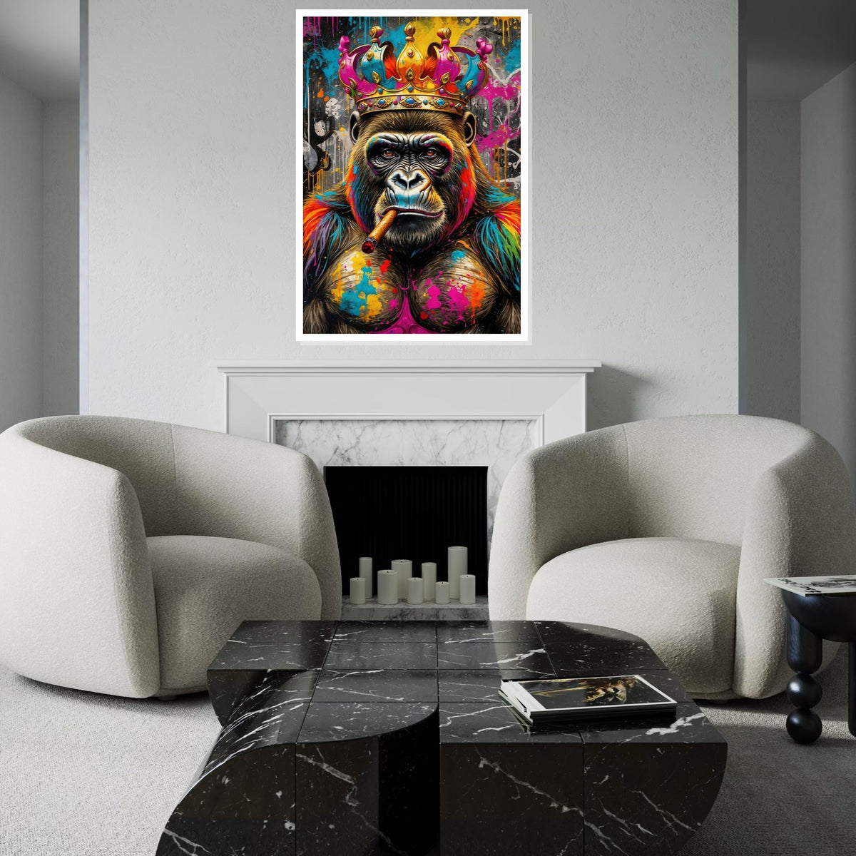 Vibrant King Gorilla, Regal Monkey Canvas, Multicolor Cigar Ape, Wall Art Canvas Design, Ready To Hang Decoration, Animal Canvas Art