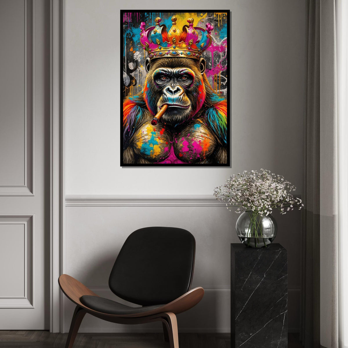 Vibrant King Gorilla, Regal Monkey Canvas, Multicolor Cigar Ape, Wall Art Canvas Design, Ready To Hang Decoration, Animal Canvas Art