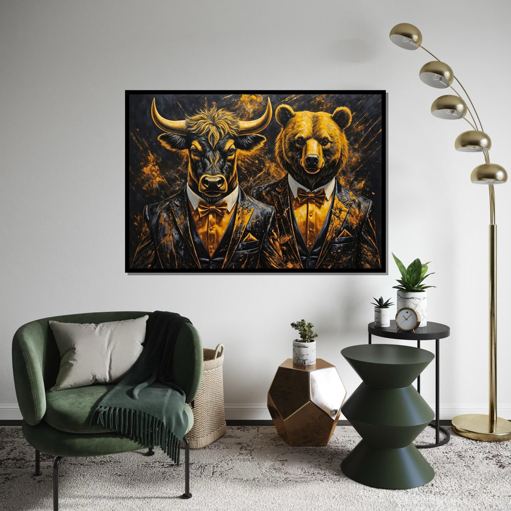 Elegant Bull and Bear Canvas, Animal Wall Art, Dressed Up Animals, Wall Art Canvas Design, Framed Canvas Ready to Hang Decoration
