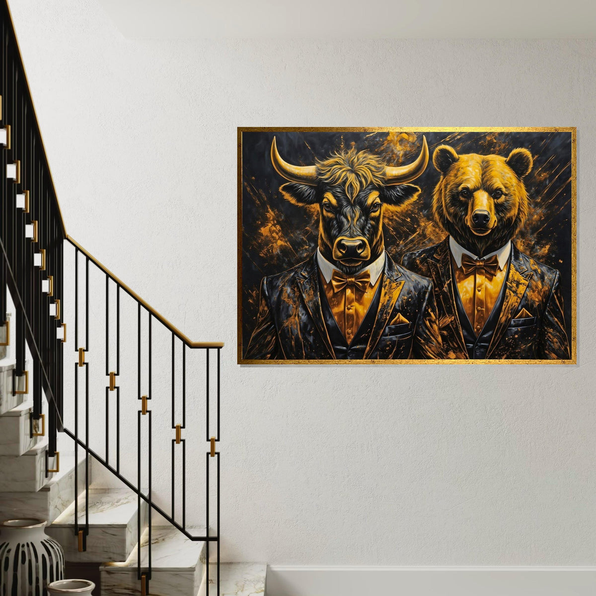 Elegant Bull and Bear Canvas, Animal Wall Art, Dressed Up Animals, Wall Art Canvas Design, Framed Canvas Ready to Hang Decoration